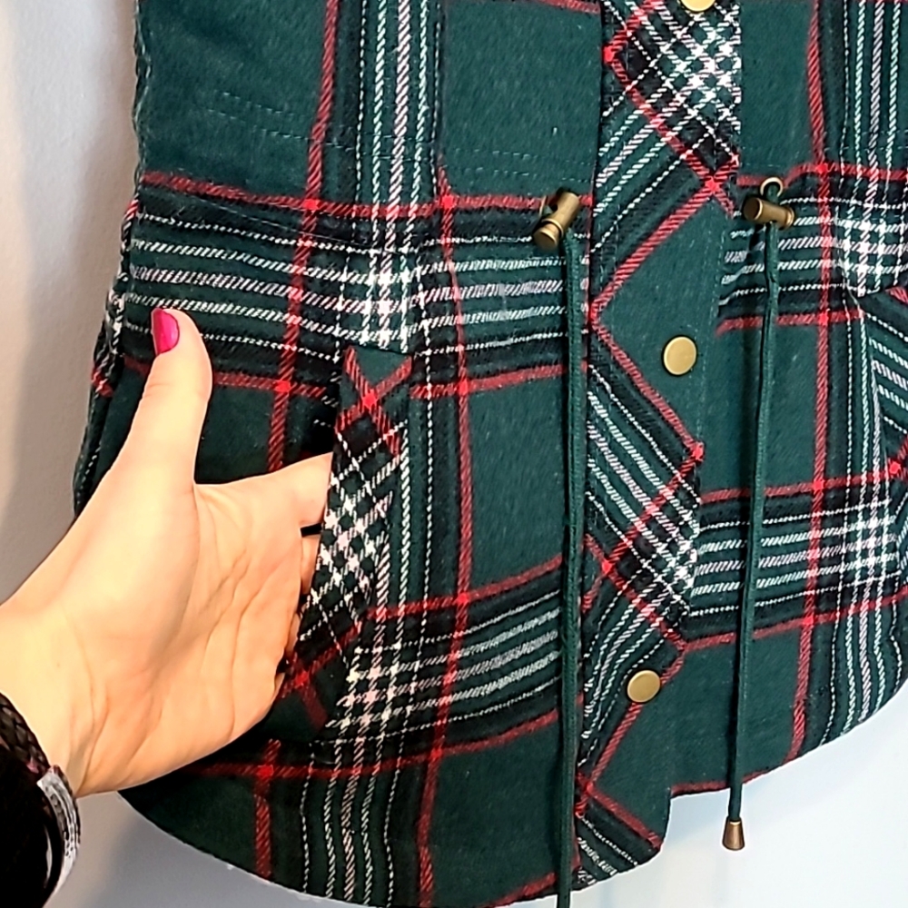 Maurices Green Plaid Sherpa Lined Cinch Waist Vest Preppy Comfy Academia New - Picture 5 of 10